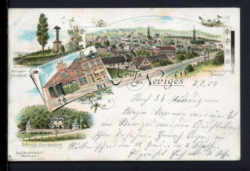 AK Neviges 1904 Schloss Hardenberg, Elektrische Centrale, Kriegerdenkmal