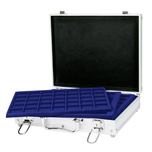 Lindner Münzkoffer Alu S2307-177M mit 6 gemischten, blauen Münztableaus Neu