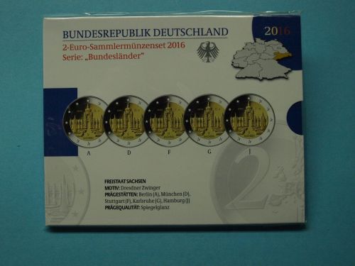 Bund 2016 2 Euro Sammler Set Bundesländer "Sachsen" A,D,F,G,J PP