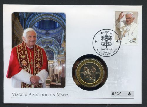 Malta 2010 Numisbrief Medaille Papst Benedikt XVI. Besuch auf Malta ST