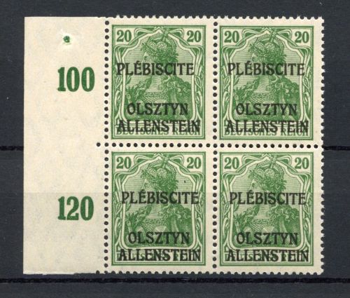 Allenstein MiNr. IV postfrisch im 4er Block, nicht verausgabte Marke