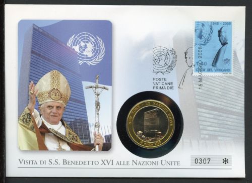 Vatikan Numisbrief 2008 Medaille Papst Benedikt XVI. besucht UNO