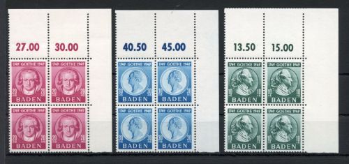 franz. Zone Baden MiNr. 47-49 postfrisch als 4er Blöcke Eckrand