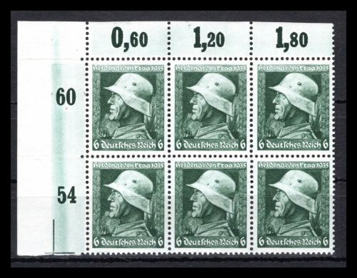Deutsches Reich MiNr. 569 y postfrisch als 6er Block Eckrand ol, gefaltet