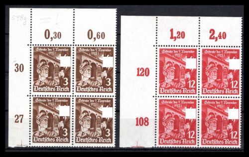Deutsches Reich MiNr. 598 y - 599 postfrisch als 4er Blöcke Eckrand ol