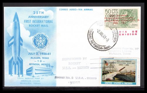 USA Raketenpost von McAllen, Taxas nach Reynosa, Mexico 2. Juli 1961
