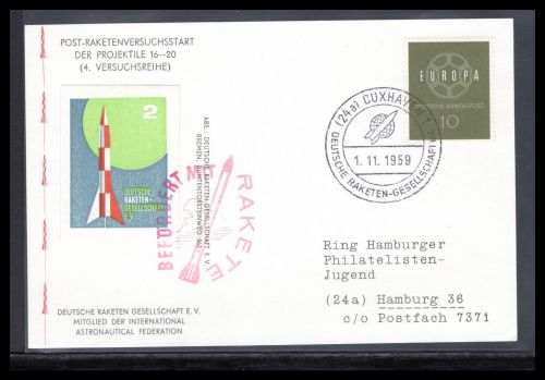 Bund Raketenpost 1959 Versuchsstart Projektile 16-20, 4. Versuchsreihe