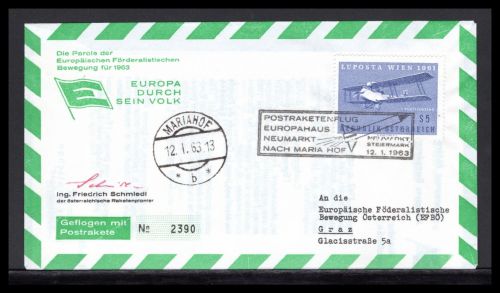 Österreich Raketenpost Neumarkt > Maria Hof Januar 1963 Postrakete 2390