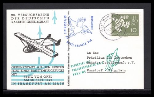 Bund Raketenpost 1962 20. Versuchsreihe DRG, Gedenkstart Fritz von Opel