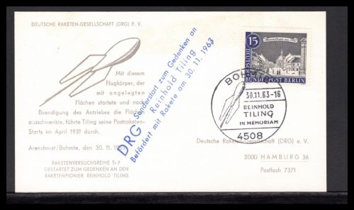 Bund Raketenpost 1963 DRG Sonderstart Erinnerung Reinhold Tilling TR 7