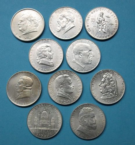 Österreich 1928-1937 kpl. Serie 2 Schilling Silber ss-vz