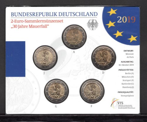 Bund 2019 2 Euro Gedenkmünzenset "Mauerfall", im Blister ST