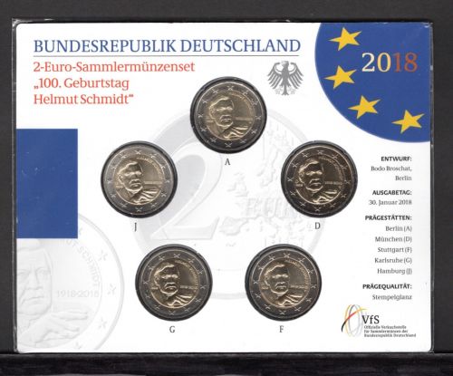 Bund 2018 2 Euro Gedenkmünzenset "Helmut Schmidt", im Blister ST