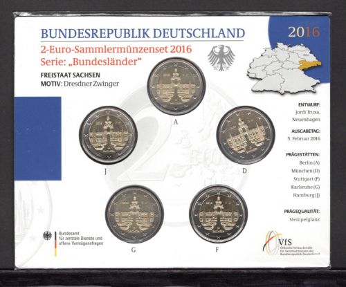 Bund 2016 2 Euro Gedenkmünzenset "Freistaat Sachsen", im Blister ST
