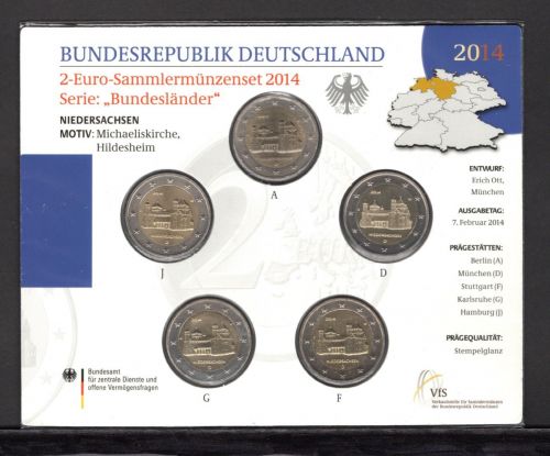 Bund 2014 2 Euro Gedenkmünzenset "Niedersachsen", im Blister ST