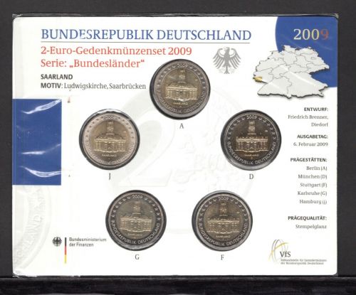 Bund 2009 2 Euro Gedenkmünzenset "Saarland", im Blister ST