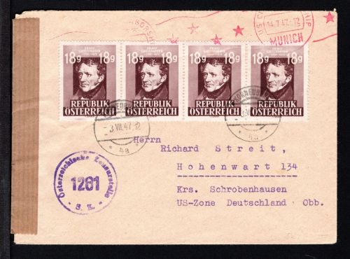 Österreich MiNr. 802 Ersttagsbriefe/ FDC 4er Streifen, Zensur
