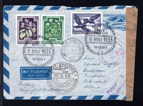 Österreich MiNr. 955 u.a. Mischfrankatur Erstflugbeleg Klagenf.-Amsterdam