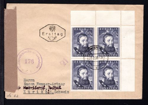 Österreich MiNr. 949 Ersttagsbriefe/ FDC 4er Block, Zensur