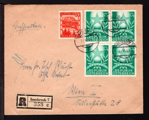 Österreich MiNr. 935 Mischfrankatur 4er Block u.a. auf R-Brief