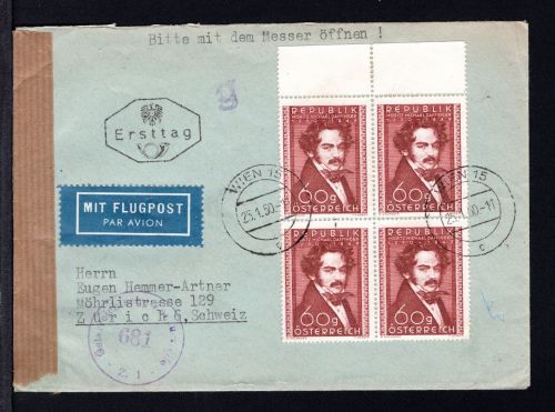 Österreich MiNr. 948 Ersttagsbriefe/ FDC 4er Block auf Luftpost, Zensur