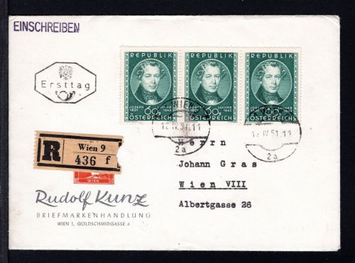 Österreich MiNr. 964 (3x) Ersttagsbriefe/ FDC auf R-Brief, Zensur