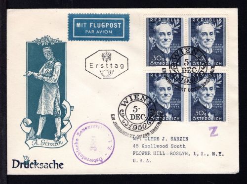 Österreich MiNr. 958 Ersttagsbriefe/ FDC 4er Block auf Flugpost, Zensur