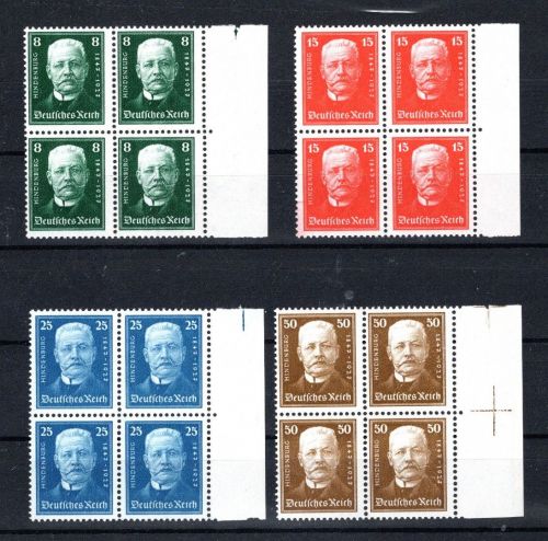 Deutsches Reich MiNr. 403-406 postfrisch als 4er Blöcke, geprüft Schlegel