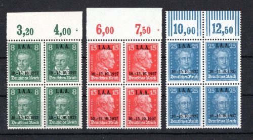 Deutsches Reich MiNr. 407-409 postfrisch als 4er Blöcke, geprüft Schlegel