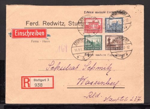 Deutsches Reich MiNr. 446-449 R-Brief gestempelt auf Brief
