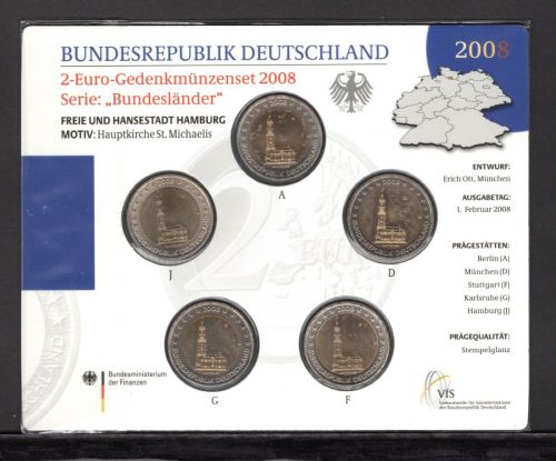 Bund 2008 2 Euro Gedenkmünzenset "Hamburg", im Blister ST