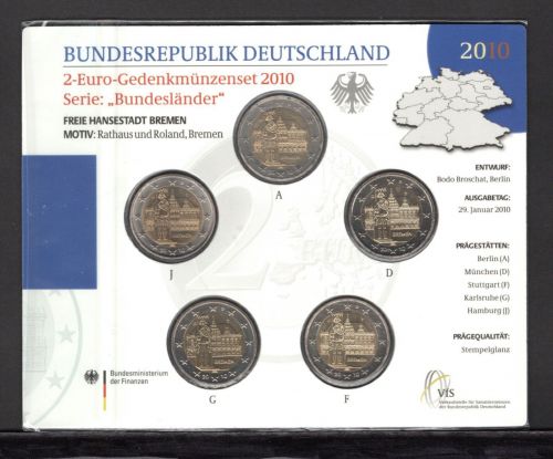 Bund 2010 2 Euro Gedenkmünzenset "Bremen", im Blister ST