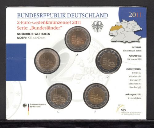 Bund 2011 2 Euro Gedenkmünzenset "Nordrhein-Westfalen", im Blister ST