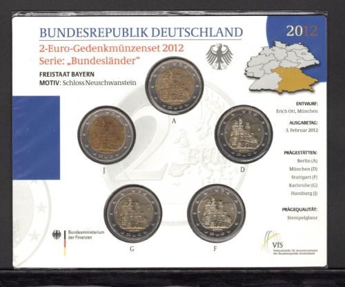 Bund 2012 2 Euro Gedenkmünzenset "Freistaat Bayern", im Blister ST