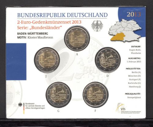 Bund 2013 2 Euro Gedenkmünzenset "Baden-Württemberg", im Blister ST