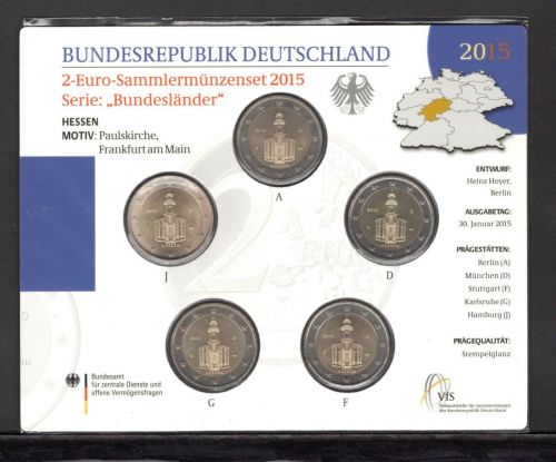 Bund 2015 2 Euro Gedenkmünzenset "Hessen", im Blister ST