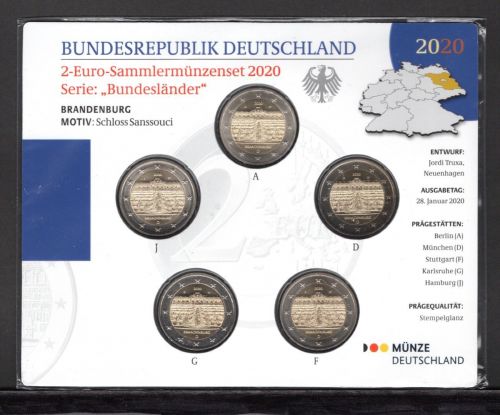 Bund 2020 2 Euro Gedenkmünzenset "Brandenburg", im Blister ST