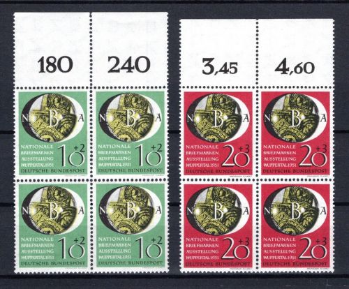 Bund MiNr. 141-142 postfrisch als 4er Blöcke Oberrand, quer angefaltet