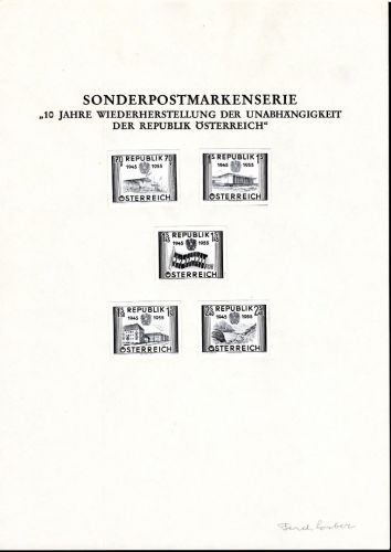 Österreich Schwarzdrucke MiNr. 1012-1023 auf 7 Erläuterungsblättern