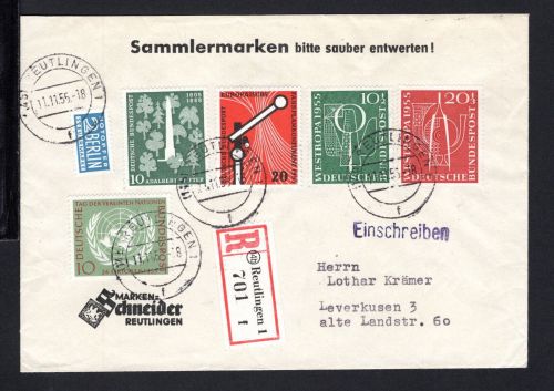 Bund MiNr. 218 u.a. Mischfrankatur portogerecht auf R-Brief gelaufen