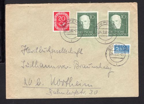 Bund MiNr. 144 (2x) + 130 Mischfrankatur