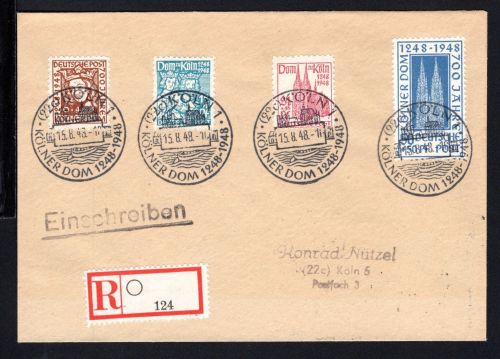 Bizone MiNr. 69-72 Sonderstempel auf R-Brief gelaufen