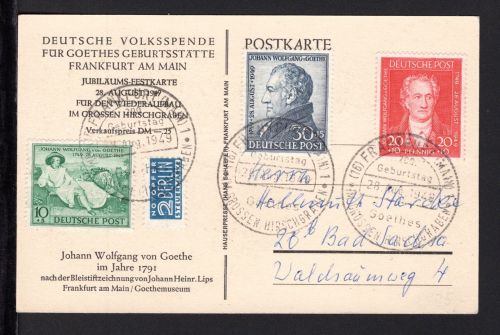 Bizone MiNr. 108-110 Sonderstempel auf Postkarte "Goethe"