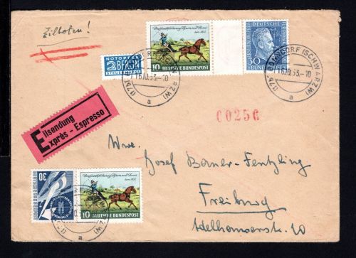 Bund MiNr. 147 + 170 + 160 (2x) Mischfrankatur auf Expressbrief, gelaufen