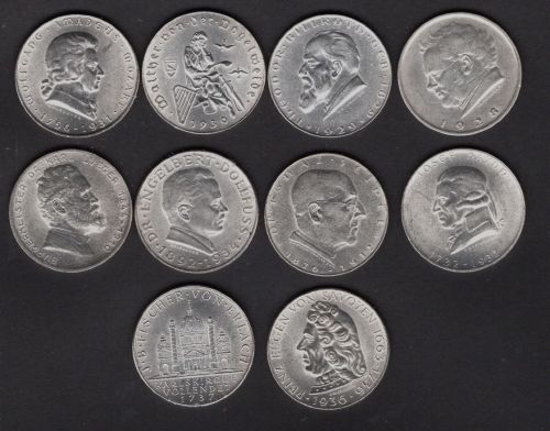 Österreich 1928-1937 kpl. Serie 2 Schilling Silber