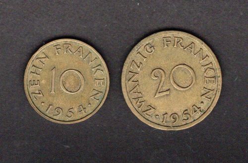 Saarland 1954 10 + 20 Franken