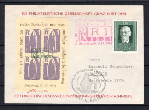 Österreich MiNr. 1057 Einzelfrankatur Schmiedl-Ehrung Raketenvignette