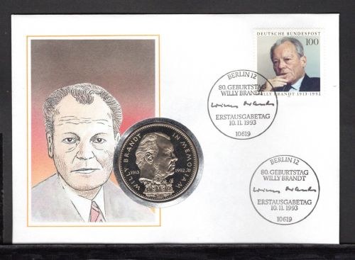 Bund 1993 Numisbrief "Willy Brandt" mit Liberia 1 Dollar 1993