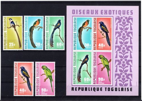 Togo MiNr. 935-939 und Block 66 postfrisch Tiere: Vögel
