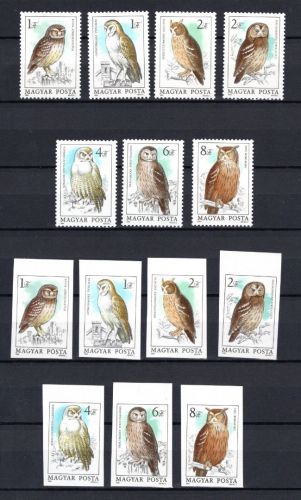 Ungarn MiNr. 3725-3731A+B Eulen Uhus 1984, beide Sätze postfrisch Tiere